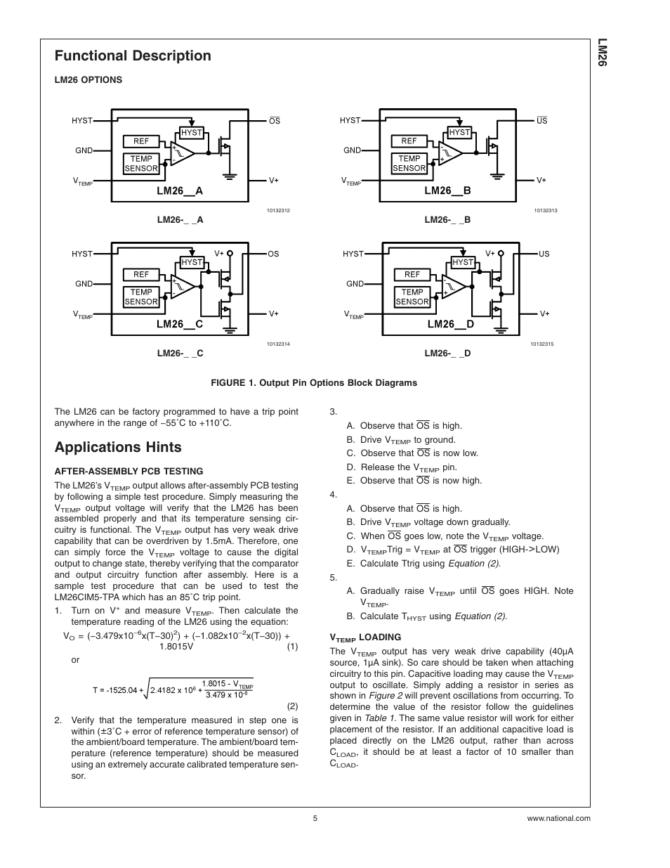 Functional description, Lm26 options, Figure 1. output pin options block diagrams | Applications hints, After-assembly pcb testing, Vtemp loading, Lm26 | Rainbow Electronics LM26 User Manual | Page 5 / 9