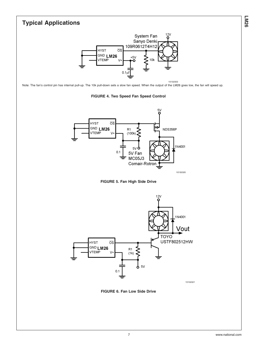 Typical applications, Figure 4. two speed fan speed control, Figure 5. fan high side drive | Figure 6. fan low side drive, Lm26 | Rainbow Electronics LM26 User Manual | Page 7 / 9