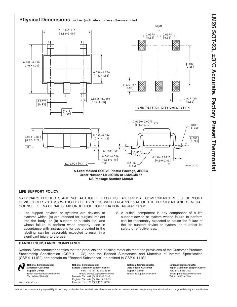 Physical dimensions, Lm26 sot -23, 3˚c accurate, factory preset thermostat | Rainbow Electronics LM26 User Manual | Page 9 / 9