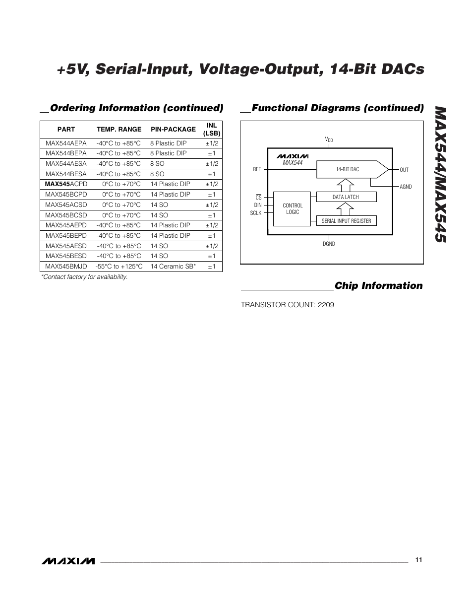 Chip information, Ordering information (continued), Functional diagrams (continued) | Rainbow Electronics MAX545 User Manual | Page 11 / 12