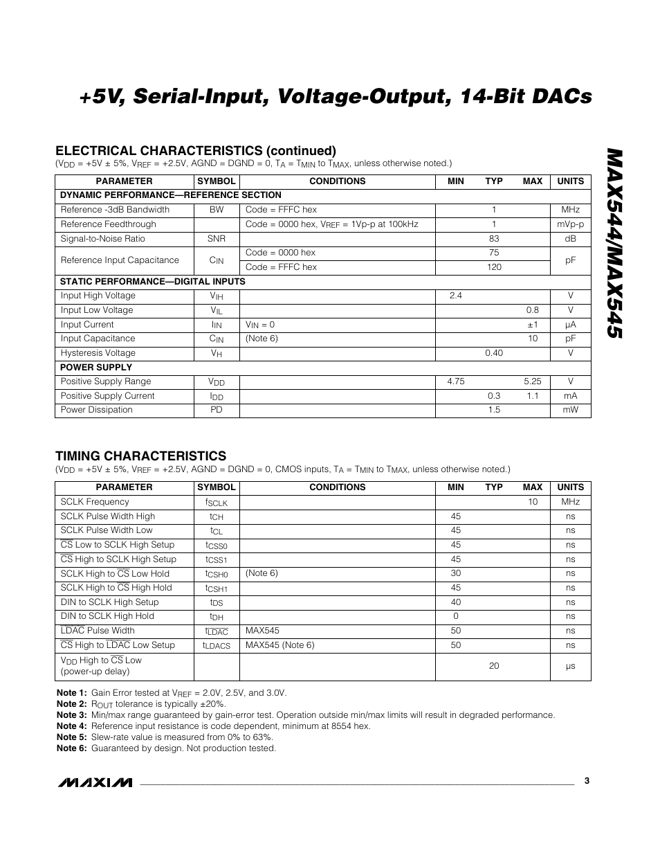 Electrical characteristics (continued), Timing characteristics | Rainbow Electronics MAX545 User Manual | Page 3 / 12
