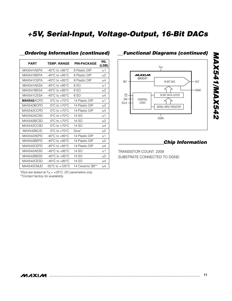 Chip information, Ordering information (continued), Functional diagrams (continued) | Rainbow Electronics MAX542 User Manual | Page 11 / 12