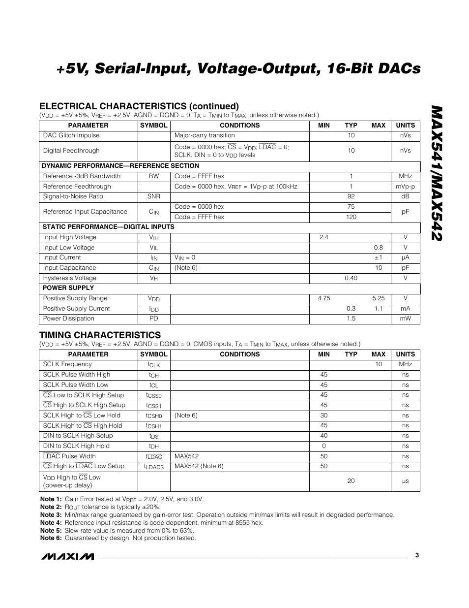 Electrical characteristics (continued), Timing characteristics | Rainbow Electronics MAX542 User Manual | Page 3 / 12