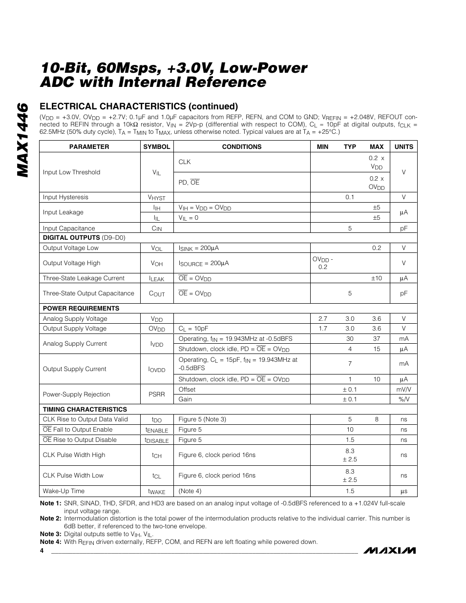 Electrical characteristics (continued) | Rainbow Electronics MAX1446 User Manual | Page 4 / 16