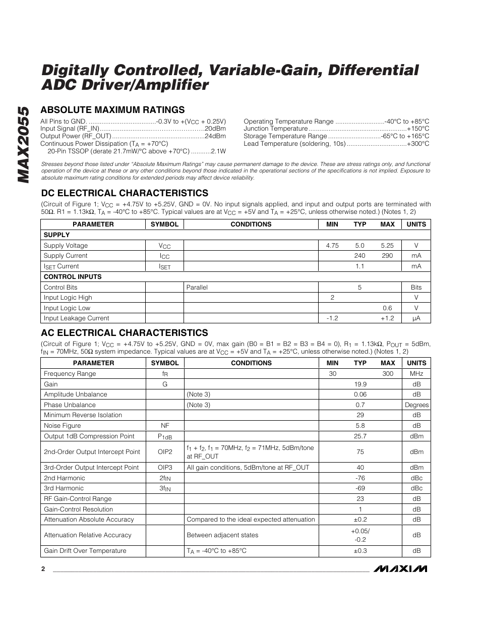 Ac electrical characteristics | Rainbow Electronics MAX2055 User Manual | Page 2 / 13