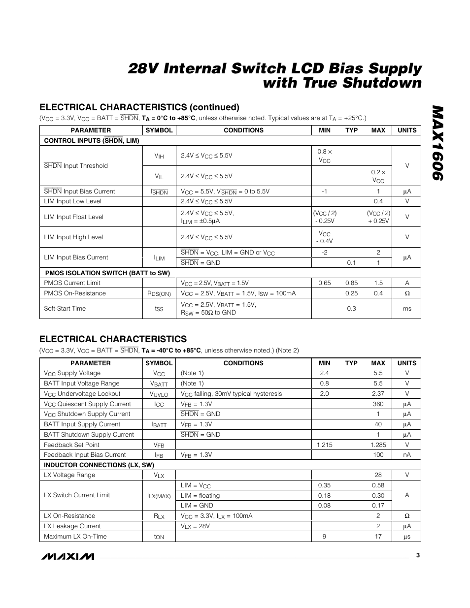 Electrical characteristics, Electrical characteristics (continued) | Rainbow Electronics MAX1606 User Manual | Page 3 / 10