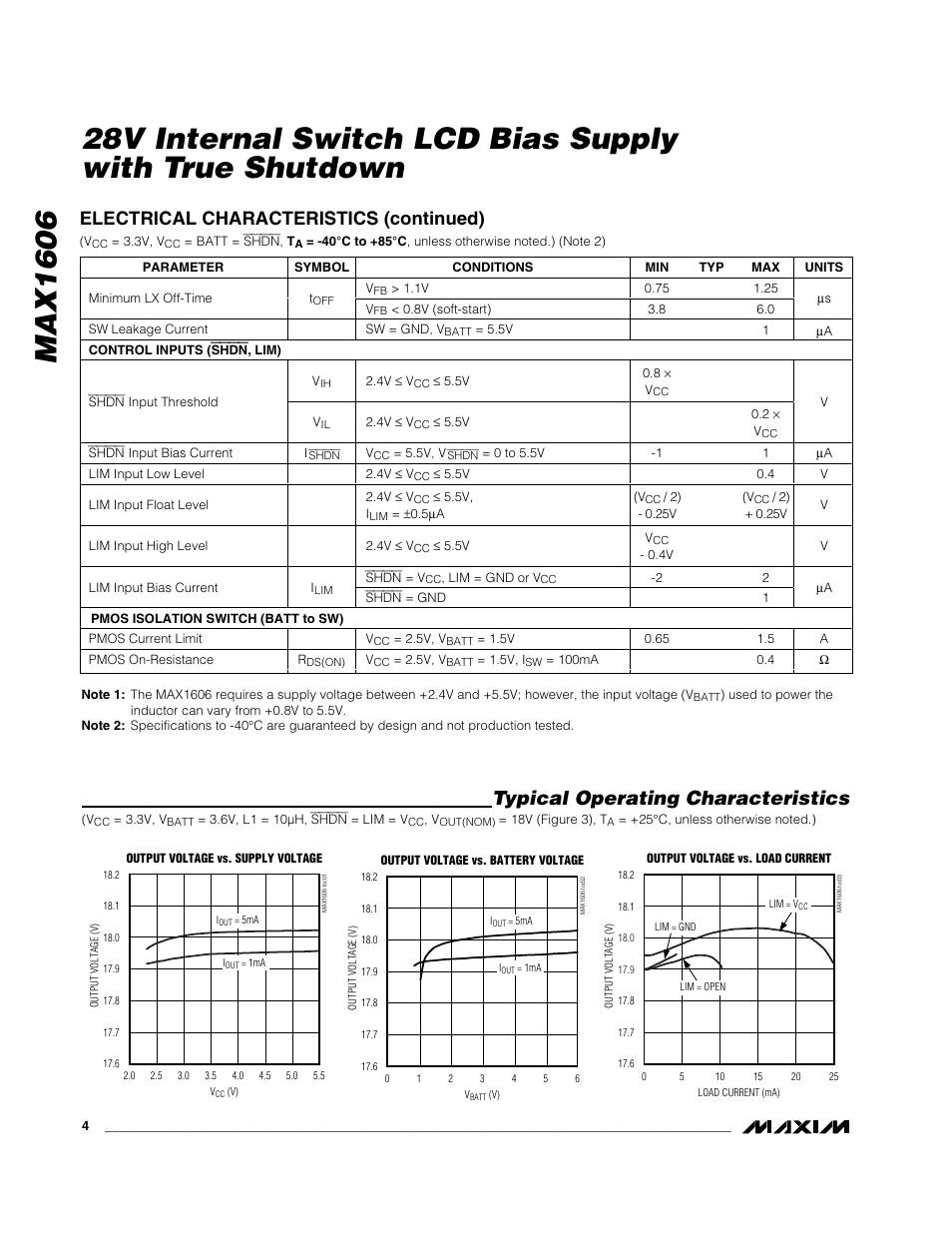 Typical operating characteristics, Electrical characteristics (continued) | Rainbow Electronics MAX1606 User Manual | Page 4 / 10
