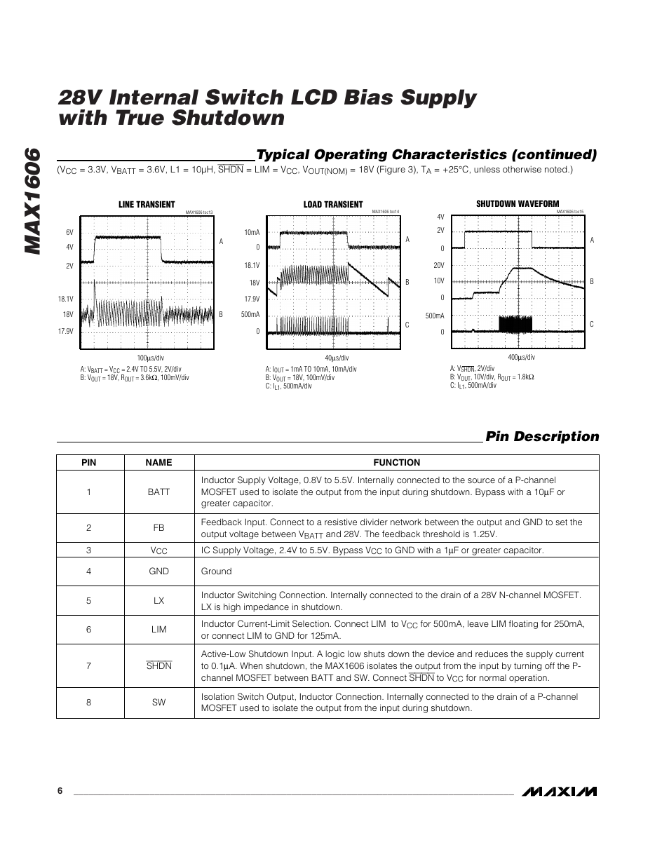 Pin description, Typical operating characteristics (continued) | Rainbow Electronics MAX1606 User Manual | Page 6 / 10