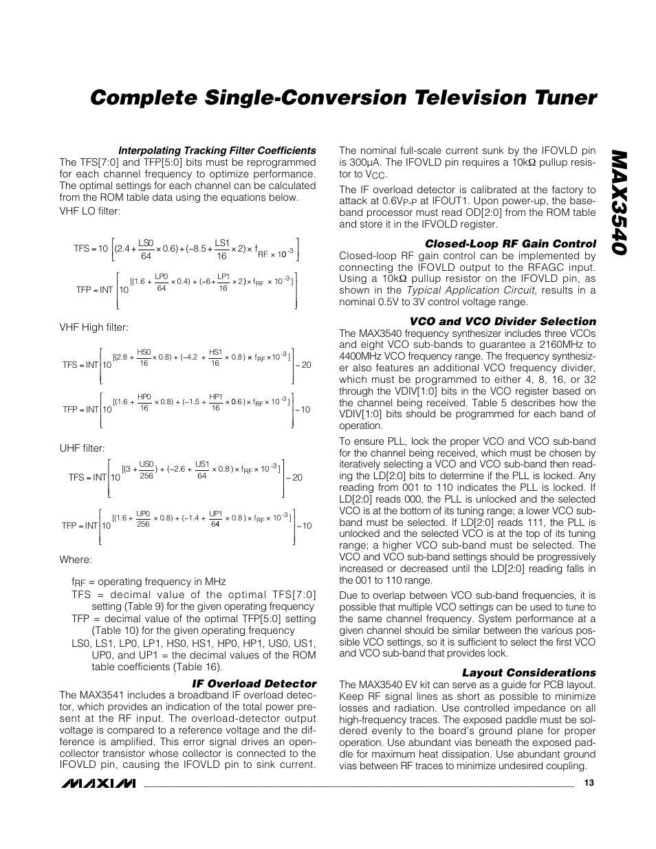 If overload detector, Closed-loop rf gain control, Vco and vco divider selection | Layout considerations | Rainbow Electronics MAX3540 User Manual | Page 13 / 16