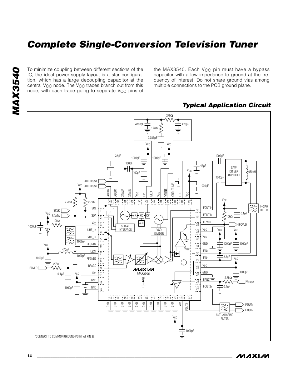 Typical application circuit, Node. the v, Pins of the max3540. each v | Rainbow Electronics MAX3540 User Manual | Page 14 / 16