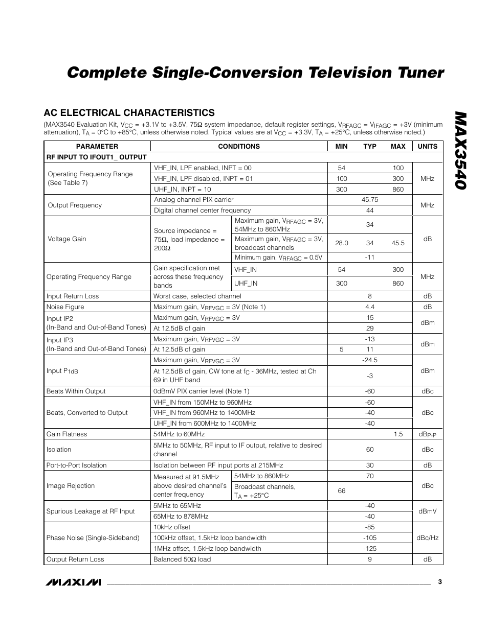 Ac electrical characteristics | Rainbow Electronics MAX3540 User Manual | Page 3 / 16