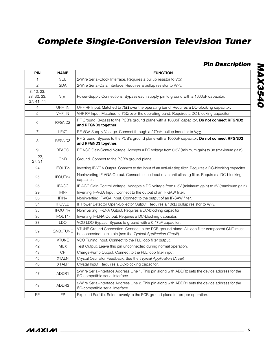 Max3540, Complete single-conversion television tuner, Pin description | Rainbow Electronics MAX3540 User Manual | Page 5 / 16