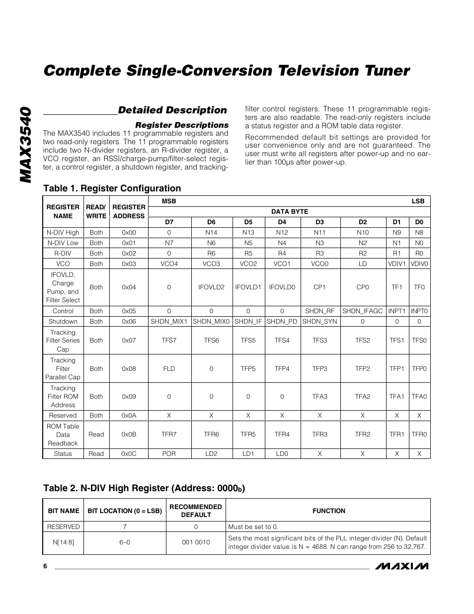 Detailed description, Table 1. register configuration | Rainbow Electronics MAX3540 User Manual | Page 6 / 16
