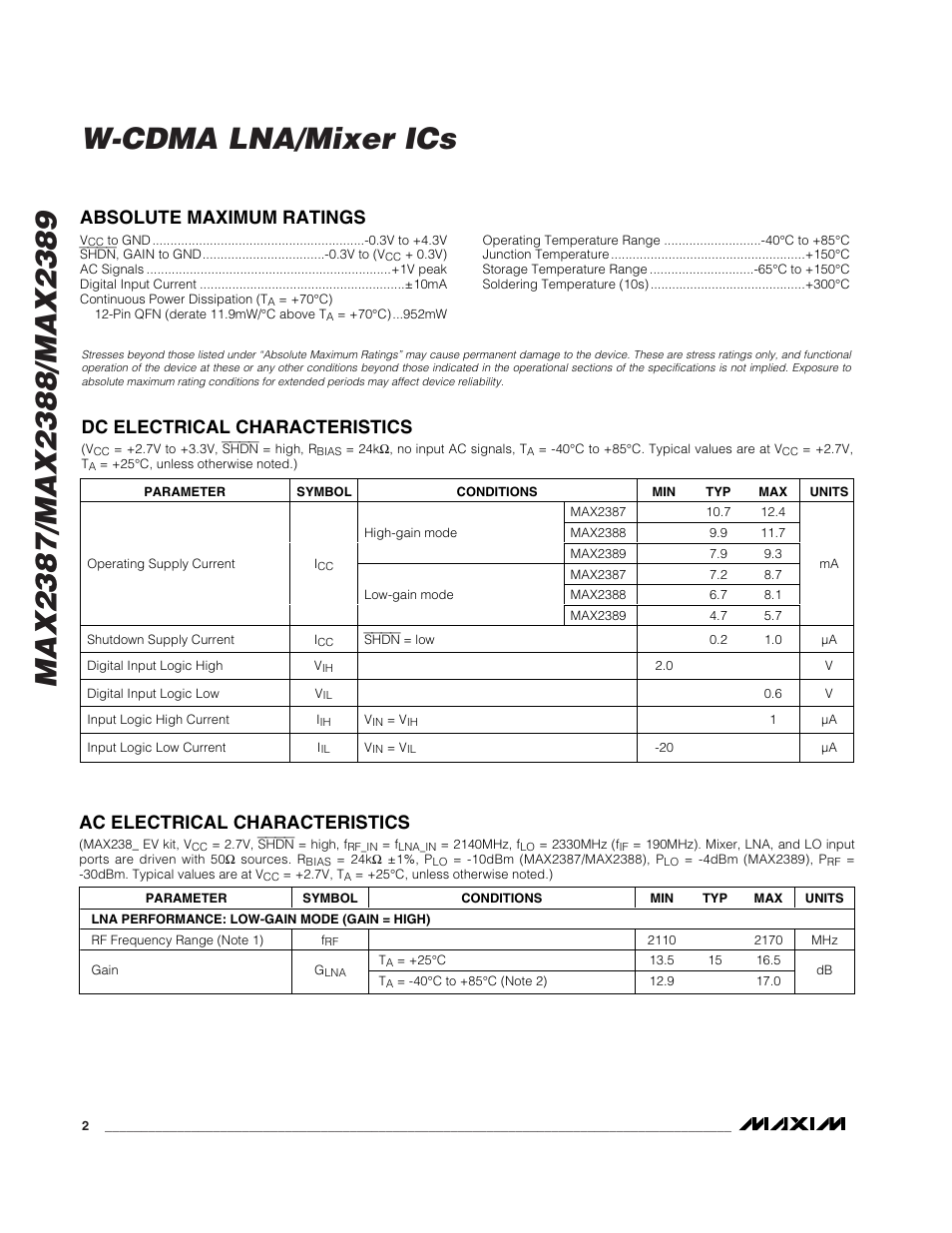 Ac electrical characteristics | Rainbow Electronics MAX2389 User Manual | Page 2 / 11