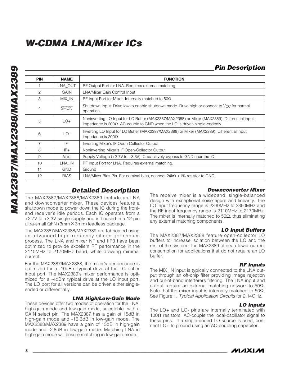 W-cdma lna/mixer ics, Detailed description, Pin description | Rainbow Electronics MAX2389 User Manual | Page 8 / 11