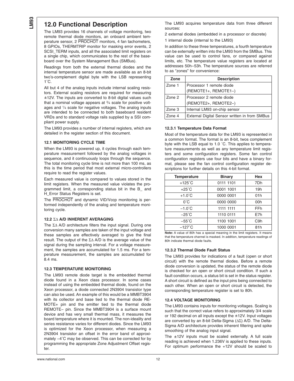0 functional description, 1 monitoring cycle time, 2 a/d inherent averaging | 3 temperature monitoring, 1 temperature data format, 2 thermal diode fault status, 4 voltage monitoring, 1 monitoring cycle time 12.2, Σ∆ a/d inherent averaging | Rainbow Electronics LM93 User Manual | Page 12 / 92