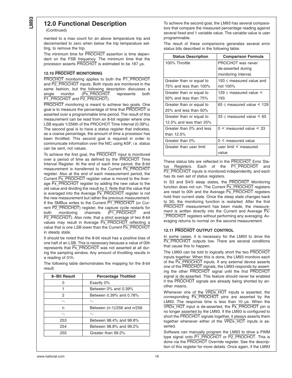 10 prochot monitoring, 11 prochot output control, 10 prochot monitoring 12.11 prochot output control | 0 functional description | Rainbow Electronics LM93 User Manual | Page 16 / 92