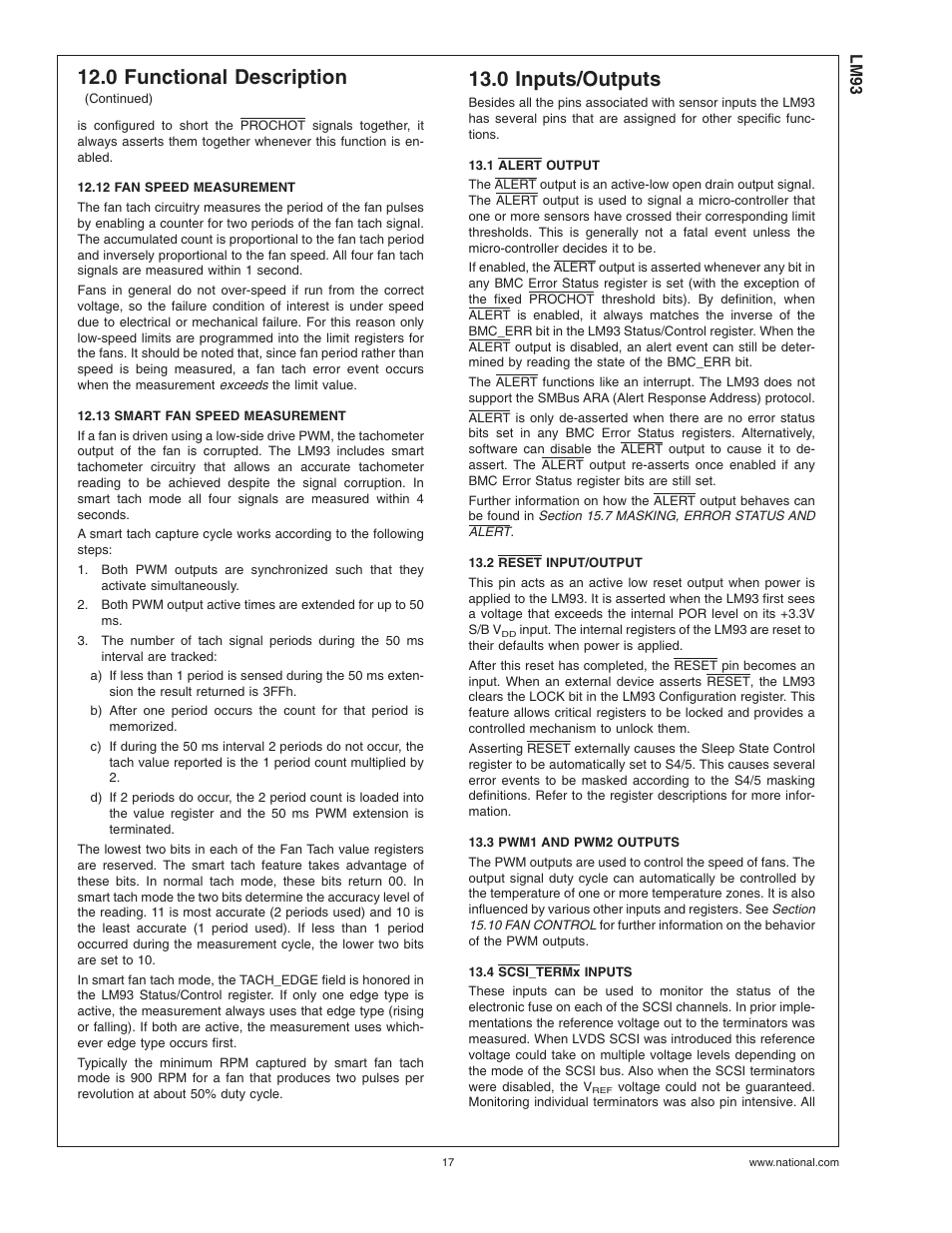 12 fan speed measurement, 13 smart fan speed measurement, 0 inputs/outputs | 1 alert output, 2 reset input/output, 3 pwm1 and pwm2 outputs, 4 scsi_termx inputs, 0 functional description | Rainbow Electronics LM93 User Manual | Page 17 / 92