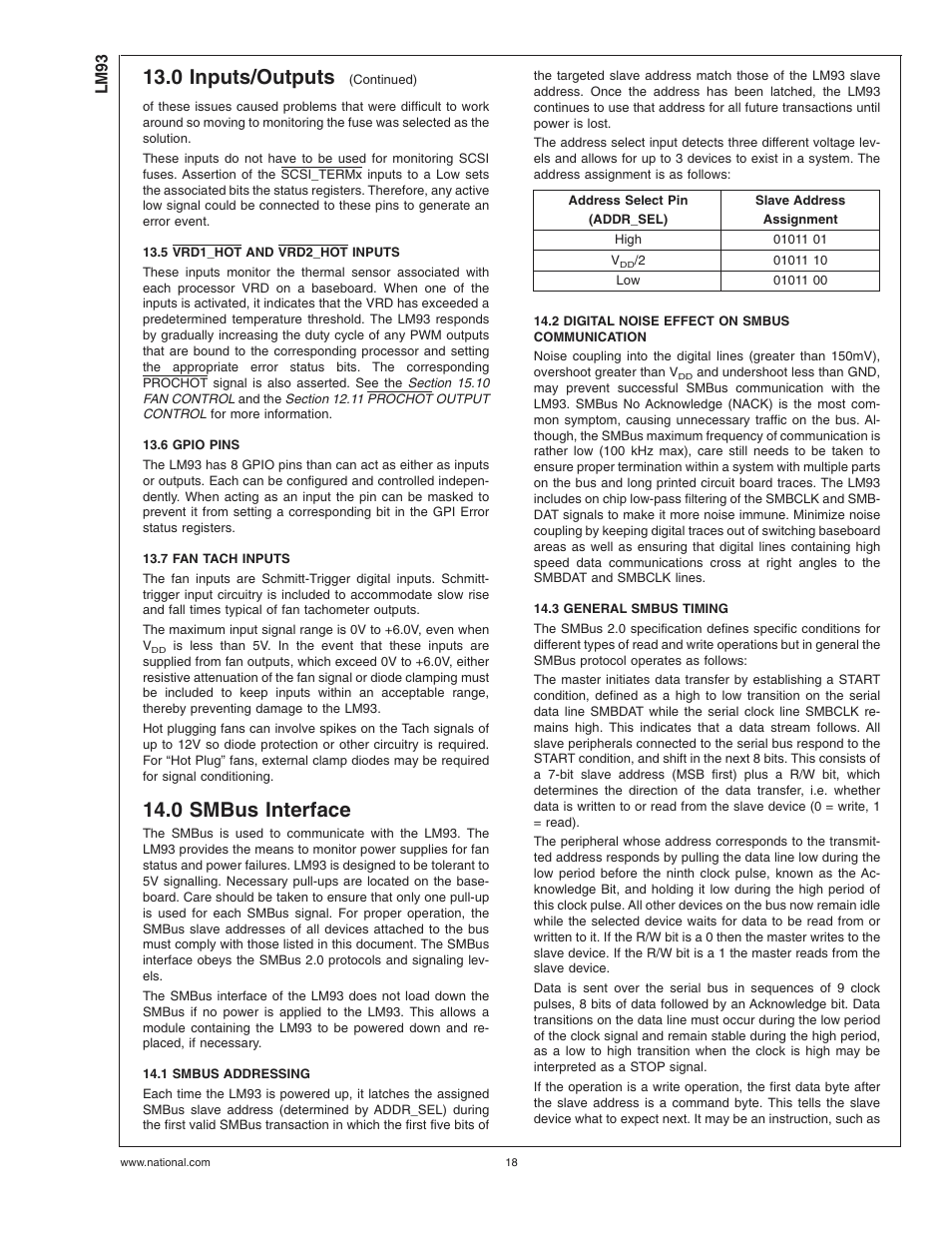 5 vrd1_hot and vrd2_hot inputs, 6 gpio pins, 7 fan tach inputs | 0 smbus interface, 1 smbus addressing, 2 digital noise effect on smbus communication, 3 general smbus timing, 0 inputs/outputs | Rainbow Electronics LM93 User Manual | Page 18 / 92