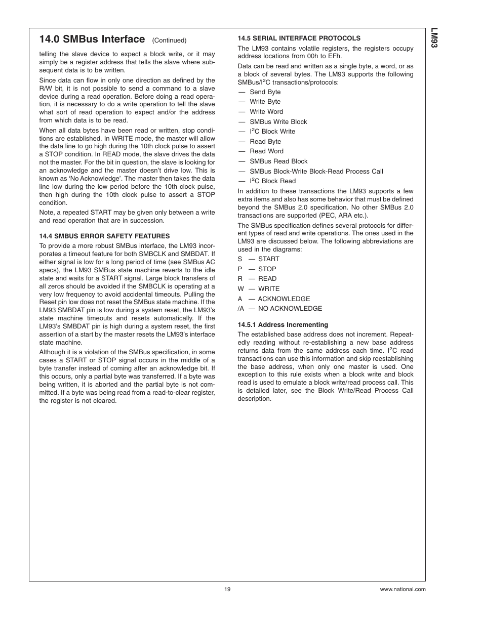 4 smbus error safety features, 5 serial interface protocols, 1 address incrementing | 0 smbus interface | Rainbow Electronics LM93 User Manual | Page 19 / 92