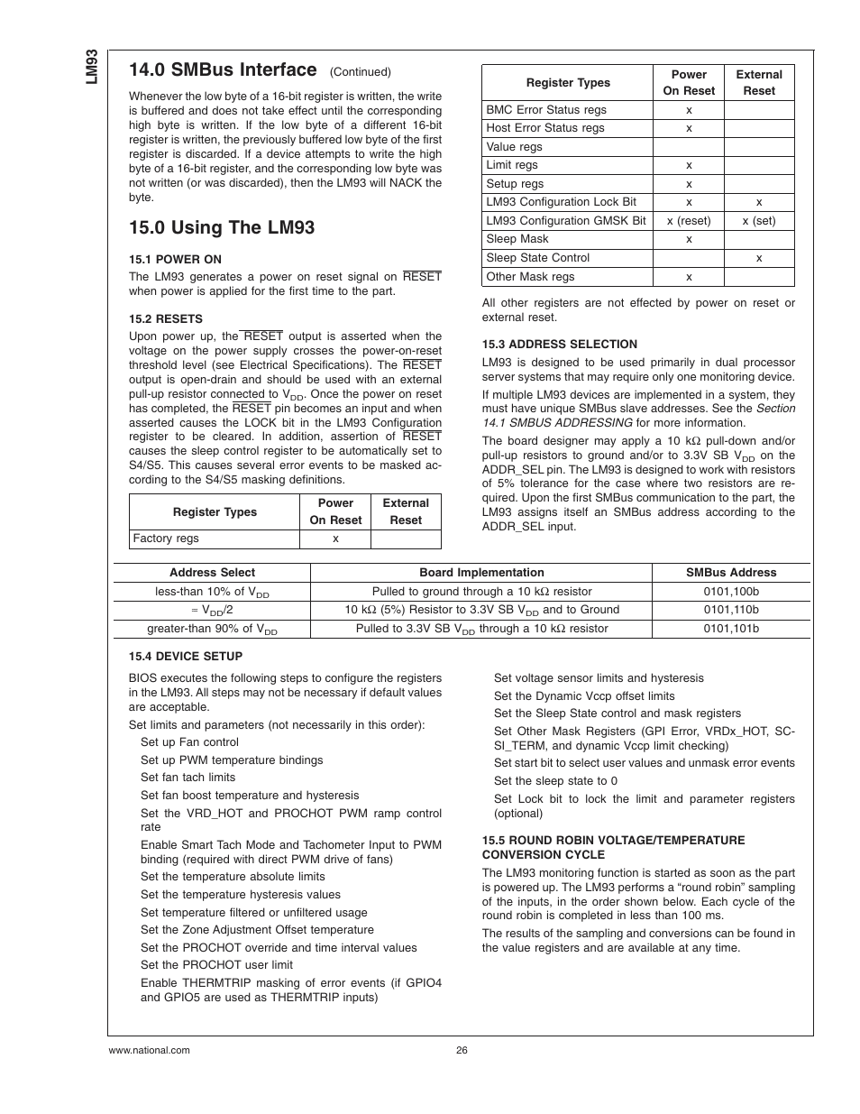 0 using the lm93, 1 power on, 2 resets | 3 address selection, 4 device setup, 5 round robin voltage/temperature conversion cycle, 0 smbus interface | Rainbow Electronics LM93 User Manual | Page 26 / 92
