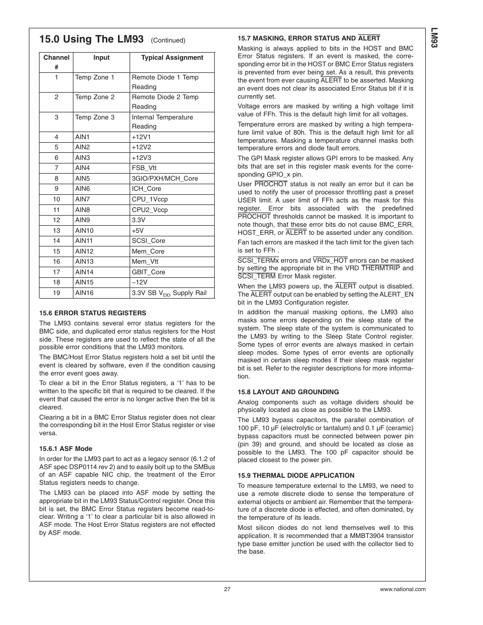 6 error status registers, 1 asf mode, 7 masking, error status and alert | 8 layout and grounding, 9 thermal diode application, 0 using the lm93 | Rainbow Electronics LM93 User Manual | Page 27 / 92