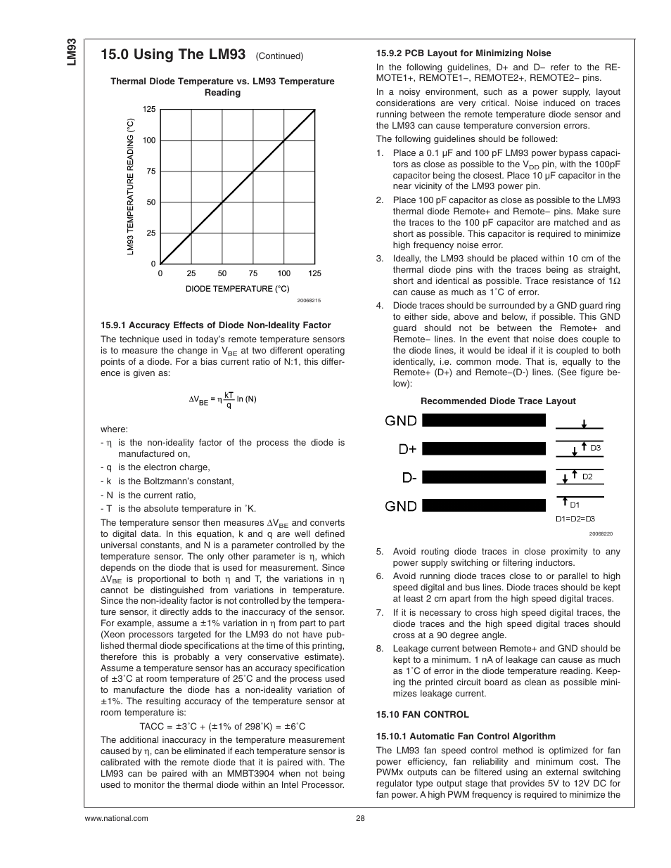 1 accuracy effects of diode non-ideality factor, 2 pcb layout for minimizing noise, 10 fan control | 1 automatic fan control algorithm, 0 using the lm93 | Rainbow Electronics LM93 User Manual | Page 28 / 92