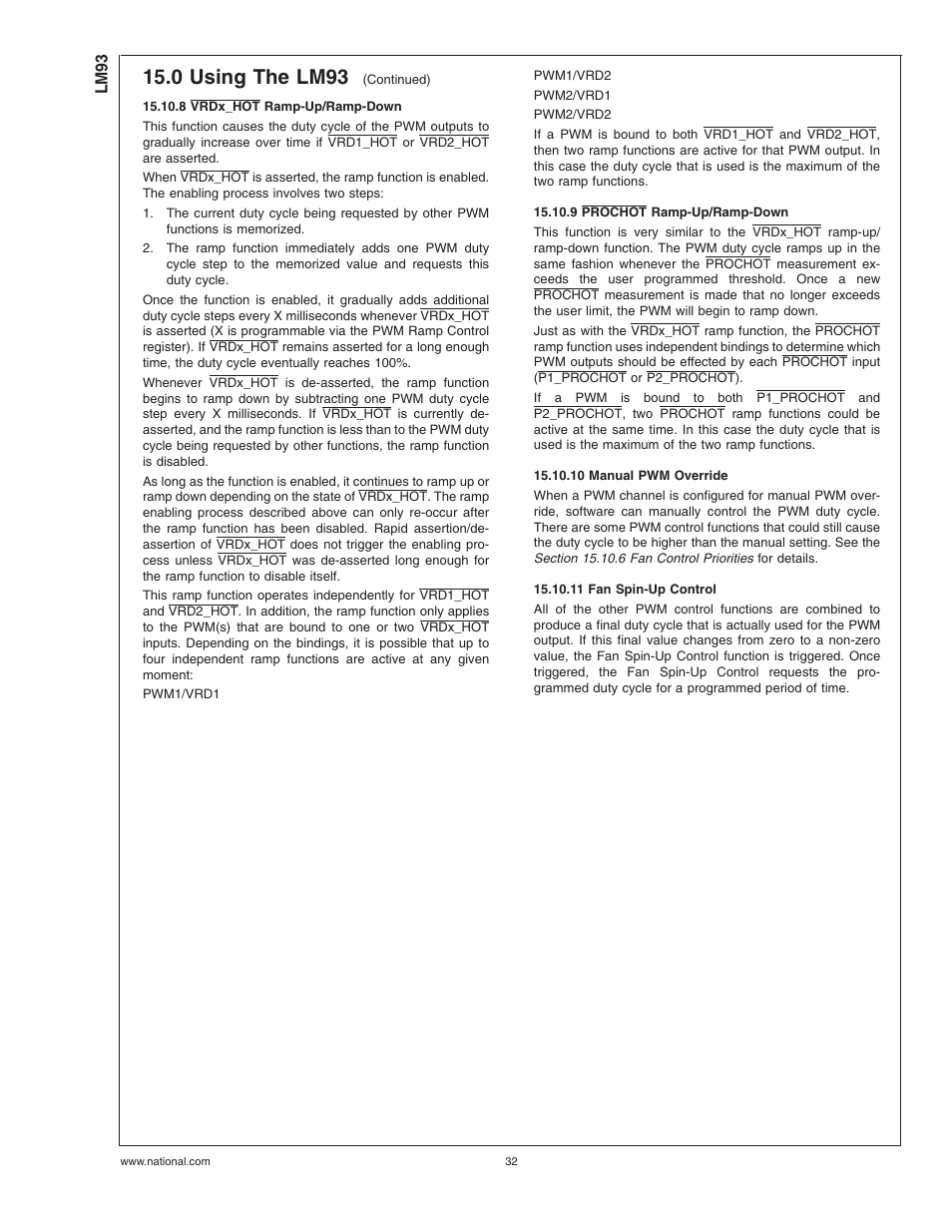 8 vrdx_hot ramp-up/ramp-down, 9 prochot ramp-up/ramp-down, 10 manual pwm override | 11 fan spin-up control, 0 using the lm93 | Rainbow Electronics LM93 User Manual | Page 32 / 92