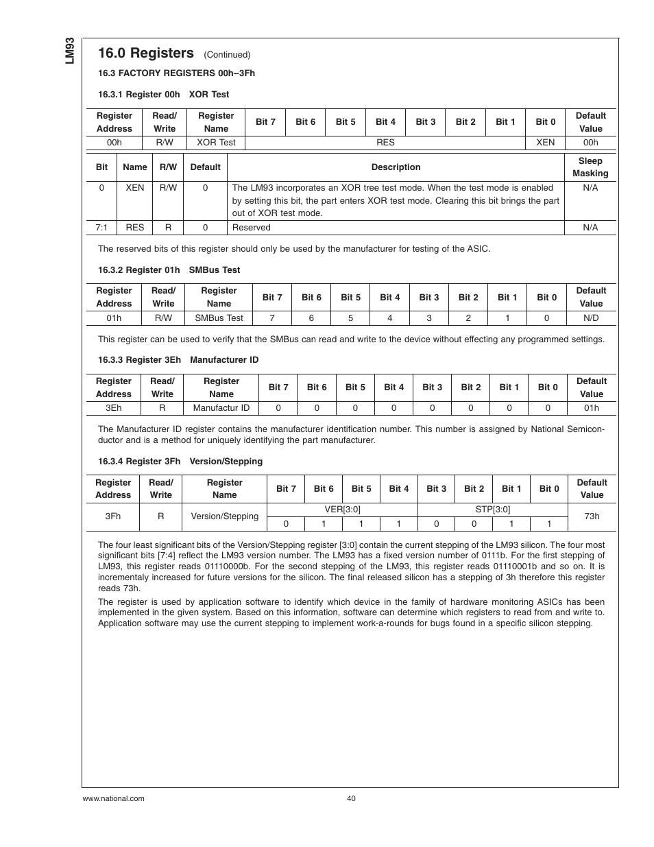 3 factory registers 00h-3fh, 1 register 00hxor test, 2 register 01hsmbus test | 3 register 3ehmanufacturer id, 4 register 3fhversion/stepping, 3 factory registers 00h–3fh, 1 register 00h, Xor test, 2 register 01h, Smbus test | Rainbow Electronics LM93 User Manual | Page 40 / 92