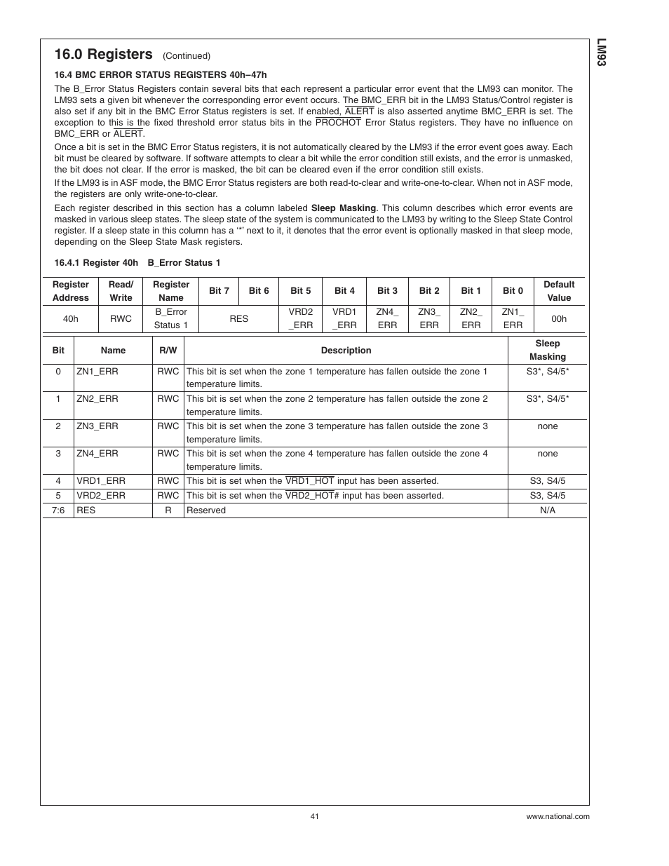 4 bmc error status registers 40h-47h, 1 register 40hb_error status 1, 4 bmc error status registers 40h–47h | 1 register 40h, B_error status 1, 0 registers | Rainbow Electronics LM93 User Manual | Page 41 / 92