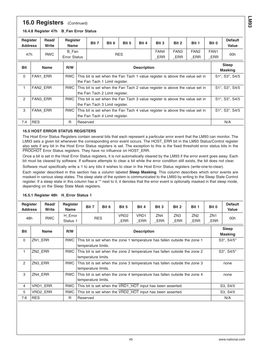 8 register 47hb_fan error status, 5 host error status registers, 1 register 48hh_error status 1 | 8 register 47h, B_fan error status, 1 register 48h, H_error status 1, 0 registers | Rainbow Electronics LM93 User Manual | Page 45 / 92