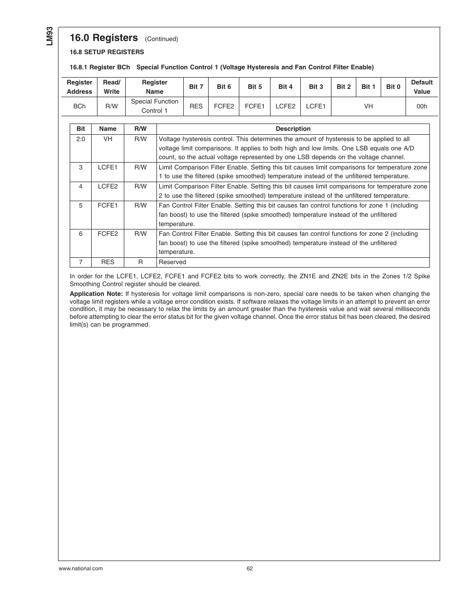8 setup registers, 1 register bch, 0 registers | Rainbow Electronics LM93 User Manual | Page 62 / 92