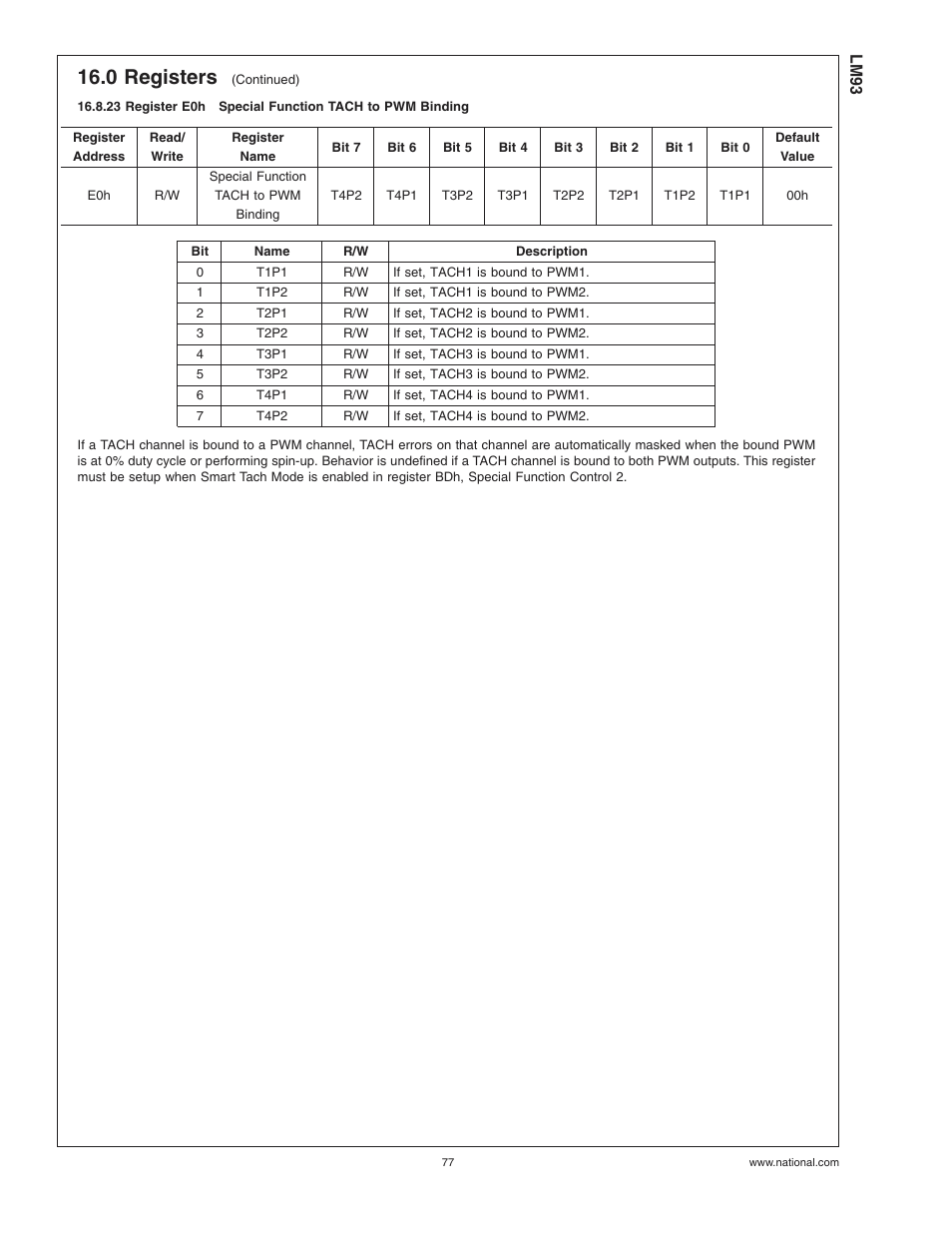 23 register e0h, Special function tach to pwm binding, 0 registers | Rainbow Electronics LM93 User Manual | Page 77 / 92