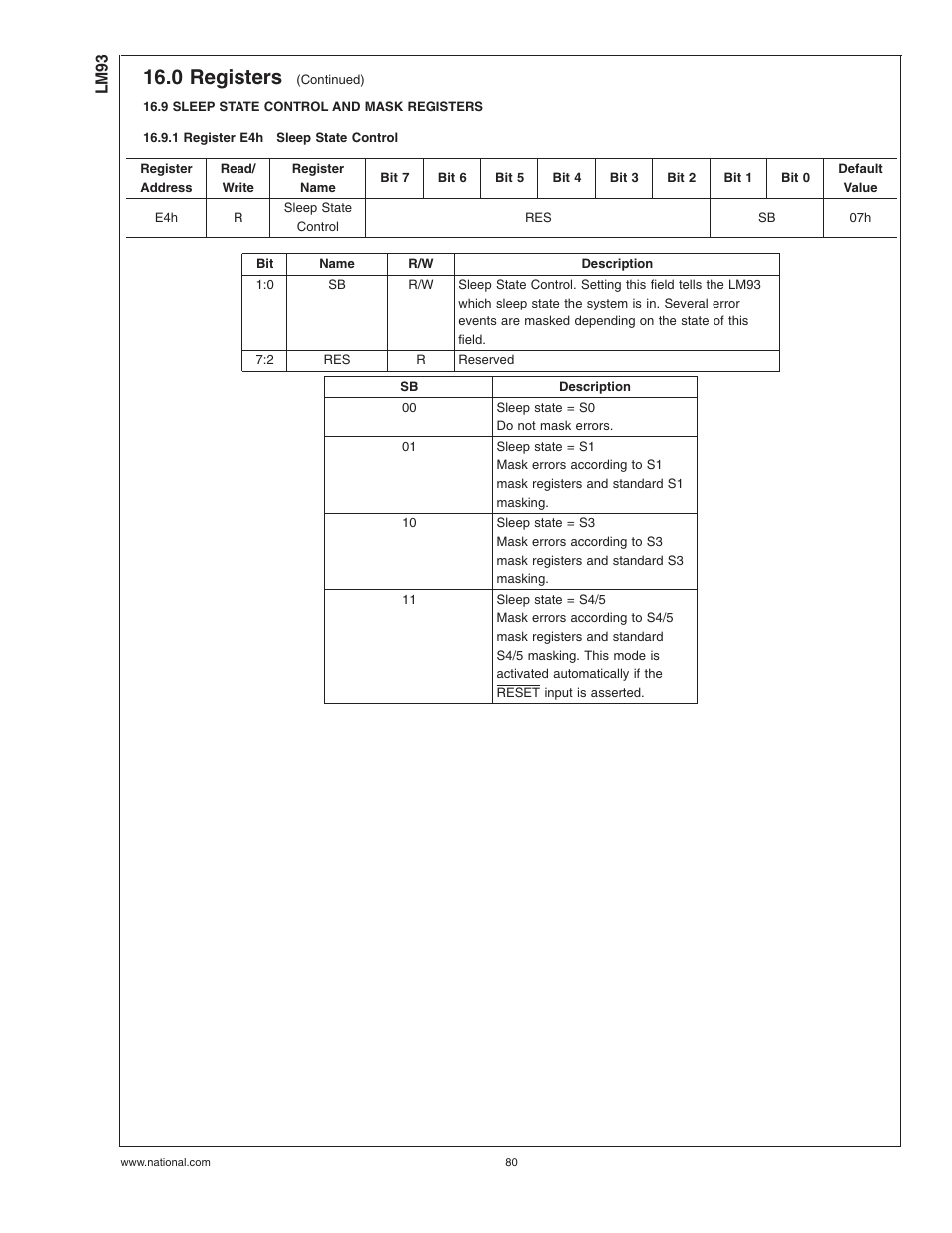 9 sleep state control and mask registers, 1 register e4hsleep state control, 1 register e4h | Sleep state control, 0 registers | Rainbow Electronics LM93 User Manual | Page 80 / 92