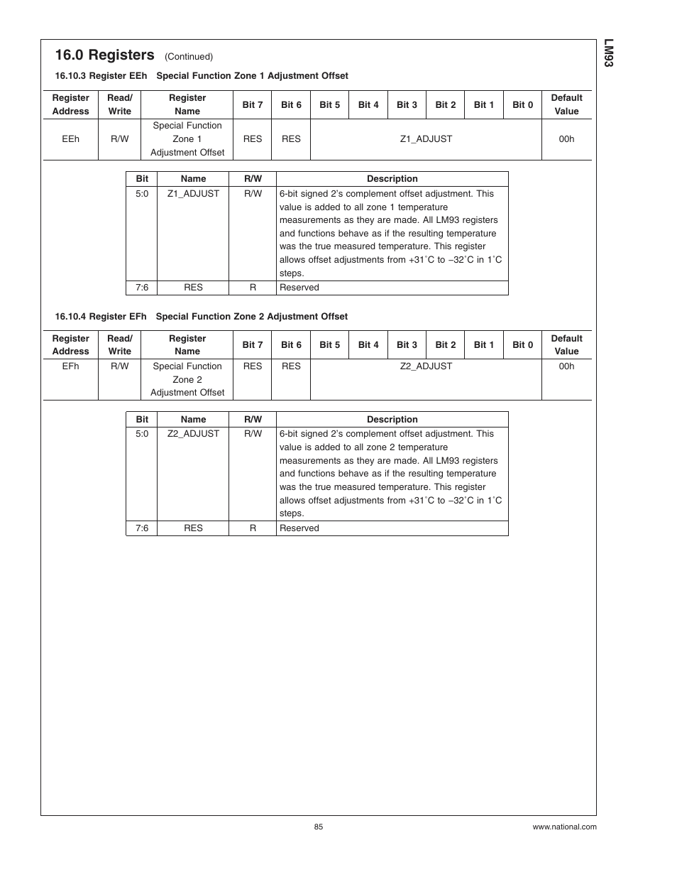 3 register eeh, Special function zone 1 adjustment offset, 4 register efh | Special function zone 2 adjustment offset, 0 registers | Rainbow Electronics LM93 User Manual | Page 85 / 92