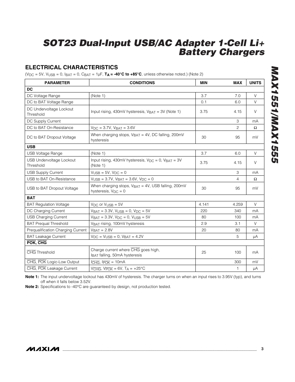 Electrical characteristics | Rainbow Electronics MAX1555 User Manual | Page 3 / 8