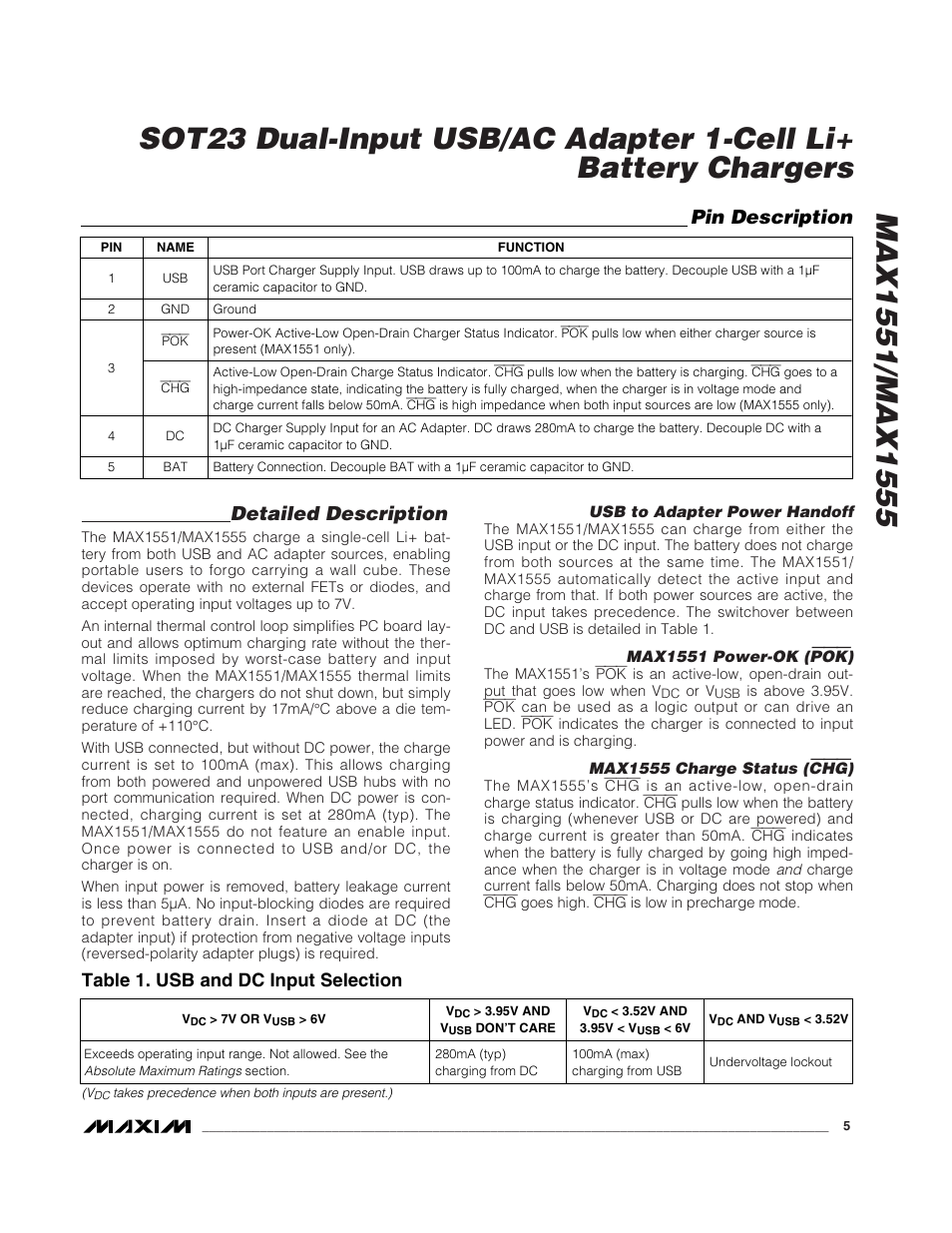 Detailed description, Pin description, Table 1. usb and dc input selection | Rainbow Electronics MAX1555 User Manual | Page 5 / 8