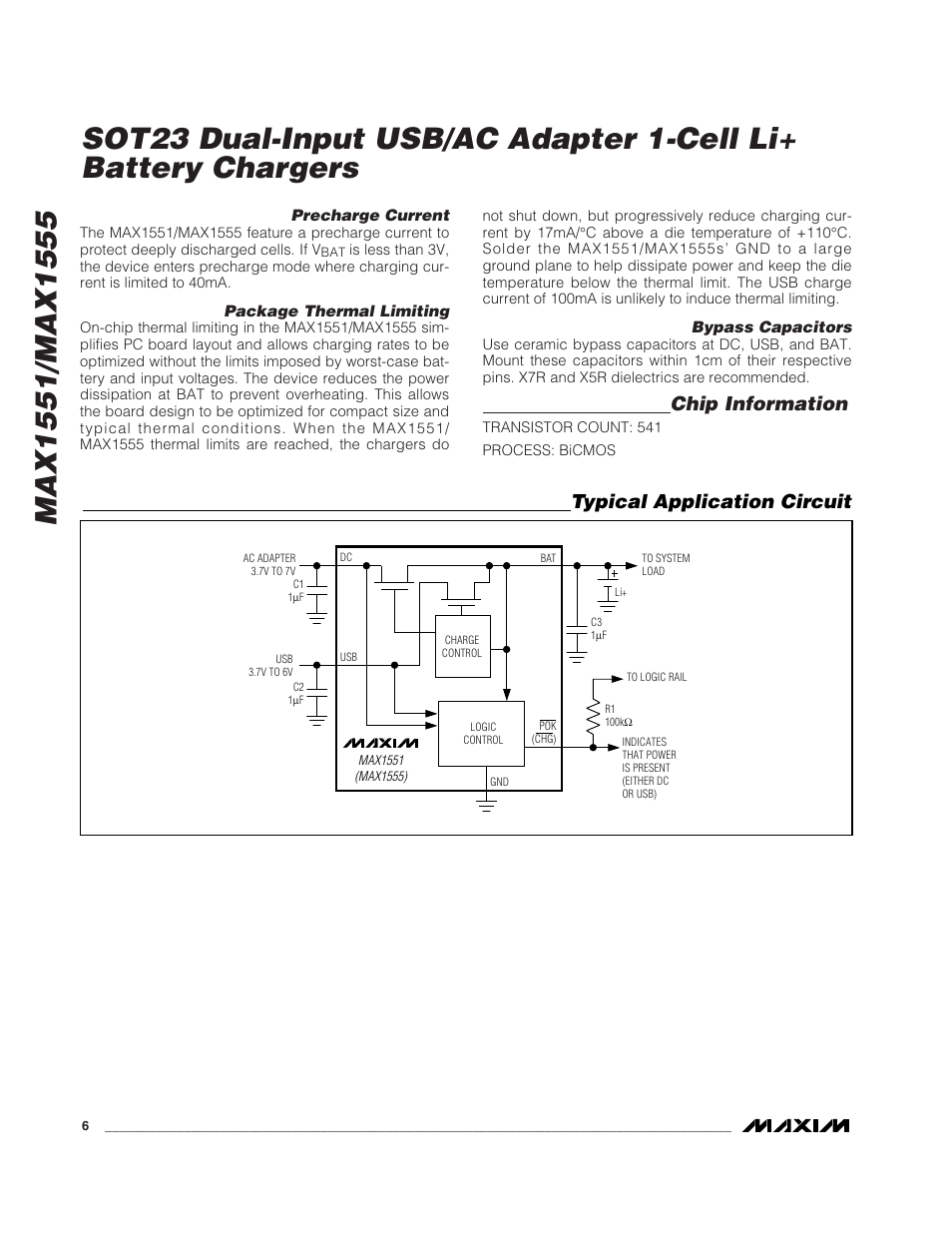 Chip information, Typical application circuit | Rainbow Electronics MAX1555 User Manual | Page 6 / 8