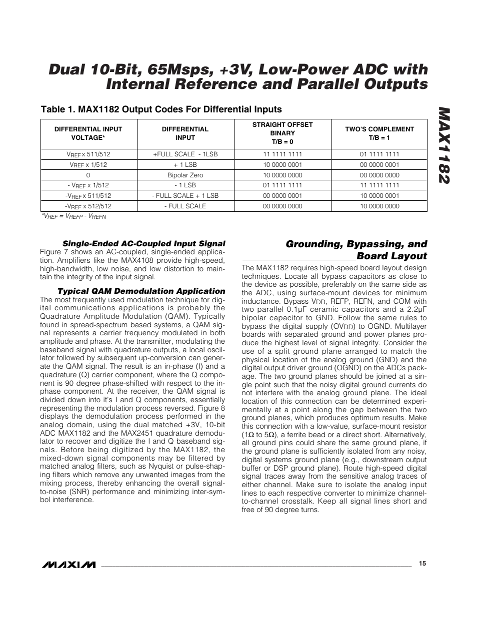 Grounding, bypassing, and board layout | Rainbow Electronics MAX1182 User Manual | Page 15 / 21