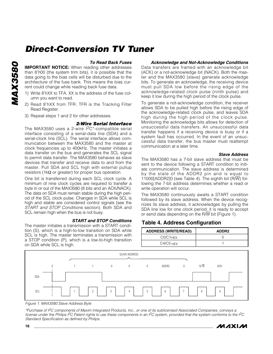 Max3580 direct-conversion tv tuner, Table 4. address configuration | Rainbow Electronics MAX3580 User Manual | Page 16 / 21