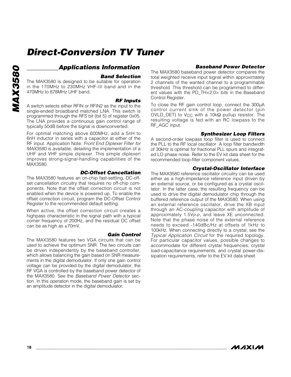 Max3580 direct-conversion tv tuner, Applications information | Rainbow Electronics MAX3580 User Manual | Page 18 / 21