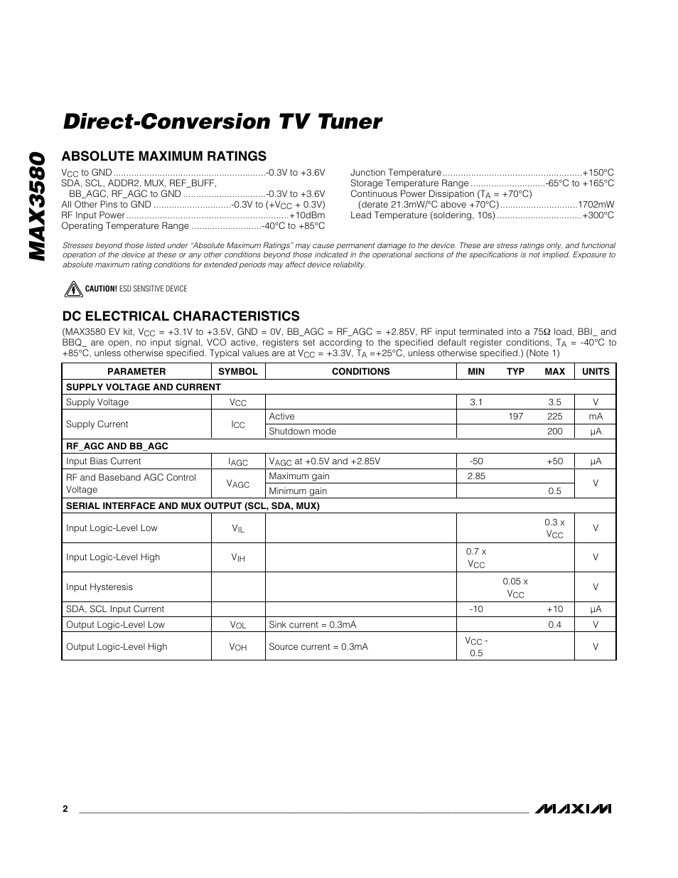 Max3580 direct-conversion tv tuner | Rainbow Electronics MAX3580 User Manual | Page 2 / 21