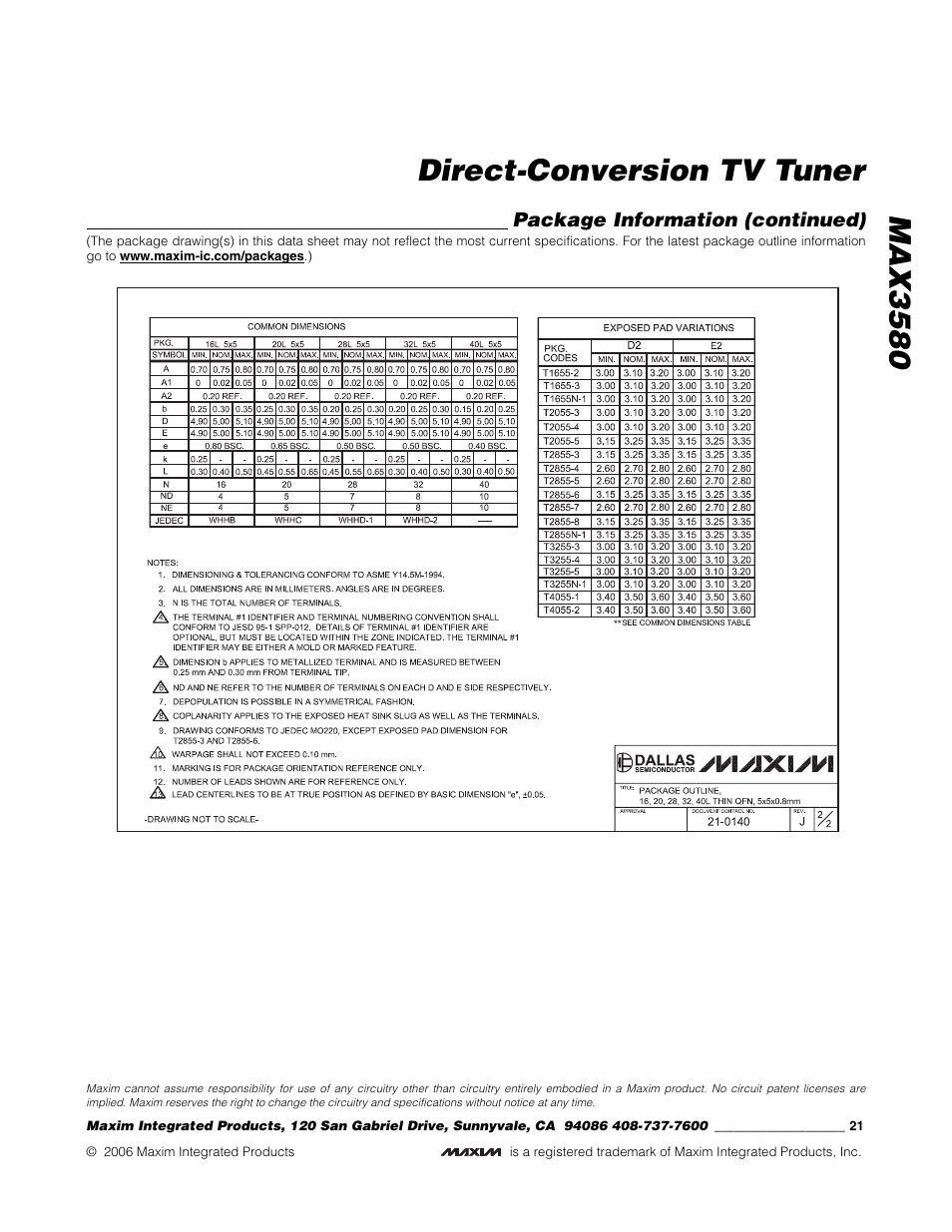 Max3580 direct-conversion tv tuner | Rainbow Electronics MAX3580 User Manual | Page 21 / 21