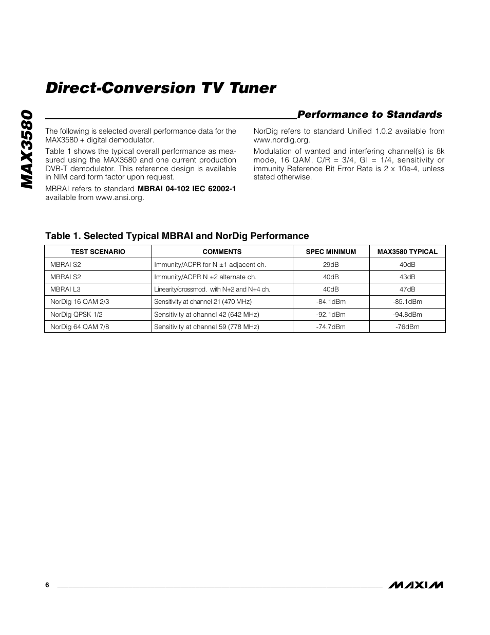 Max3580 direct-conversion tv tuner, Performance to standards | Rainbow Electronics MAX3580 User Manual | Page 6 / 21
