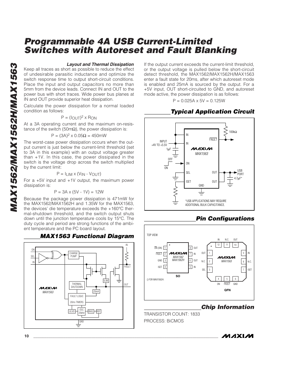 Chip information, Typical application circuit, Max1563 functional diagram | Pin configurations, X (v, Transistor count: 1833 process: bicmos | Rainbow Electronics MAX1563 User Manual | Page 10 / 12