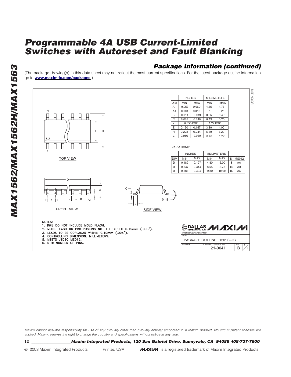 Package information (continued) | Rainbow Electronics MAX1563 User Manual | Page 12 / 12