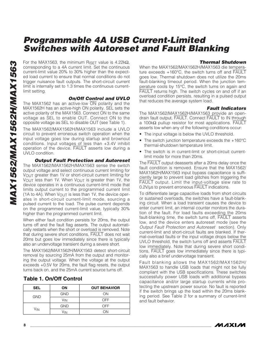 Table 1. on/off control | Rainbow Electronics MAX1563 User Manual | Page 8 / 12