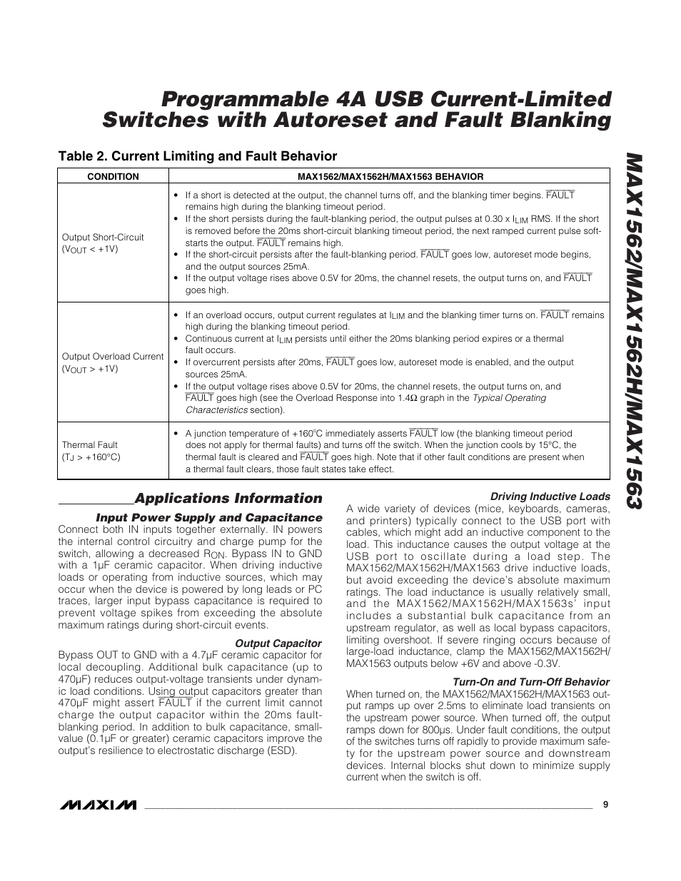 Applications information, Table 2. current limiting and fault behavior | Rainbow Electronics MAX1563 User Manual | Page 9 / 12