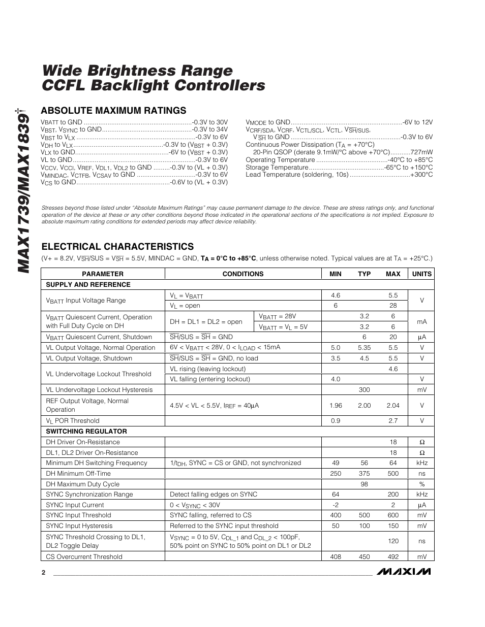 Wide brightness range ccfl backlight controllers | Rainbow Electronics MAX1839 User Manual | Page 2 / 26