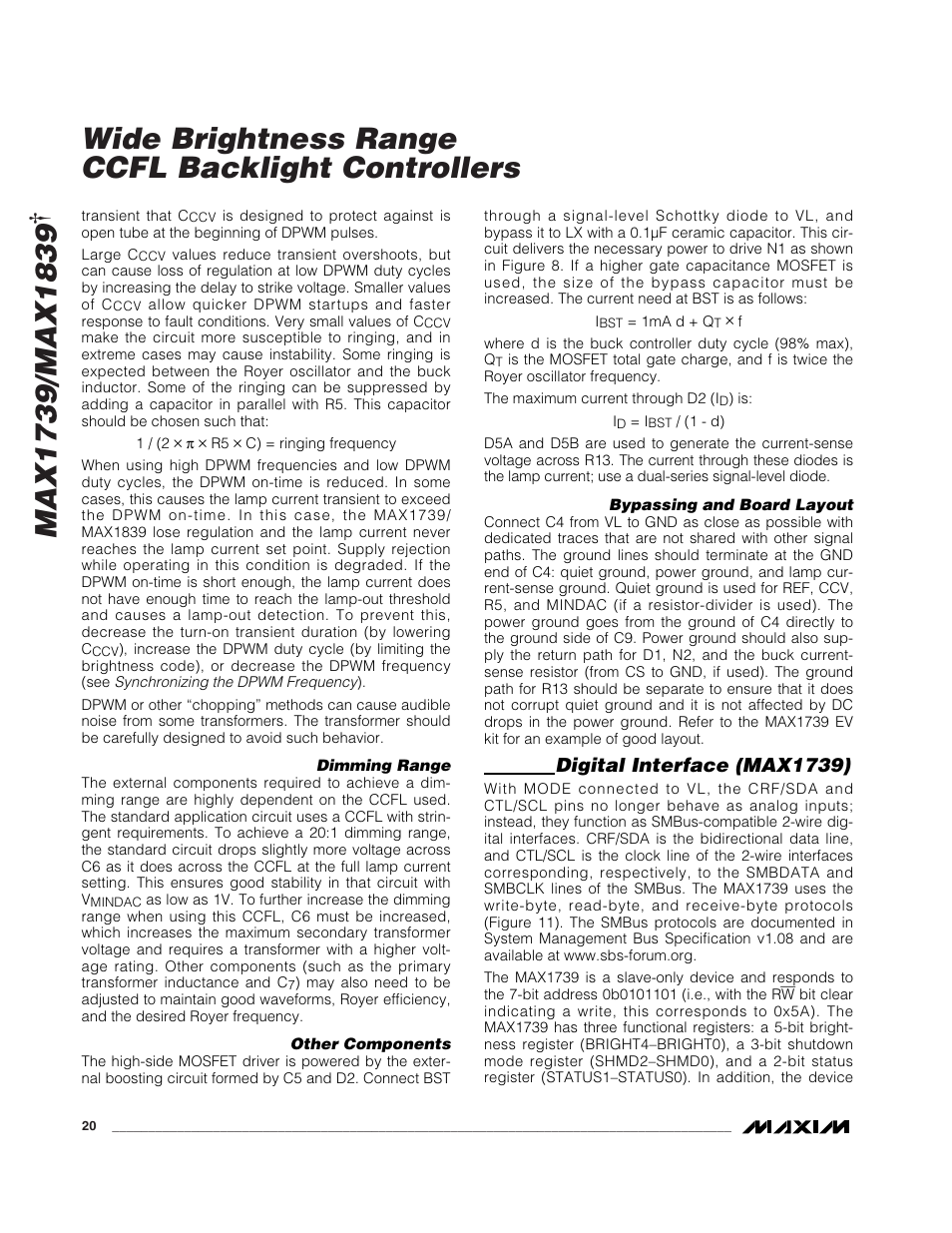Wide brightness range ccfl backlight controllers, Digital interface (max1739) | Rainbow Electronics MAX1839 User Manual | Page 20 / 26